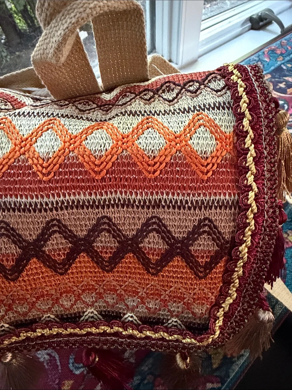 AuthenticTribe Gorgeous Ethnic Tassel mini BackPack in rich Burgundy Orange Tan